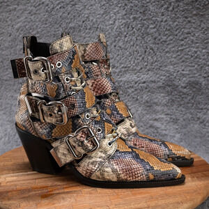 Jeffrey Campbell Caceres Snake Embossed Leather Buckle Moto Boot Size 10